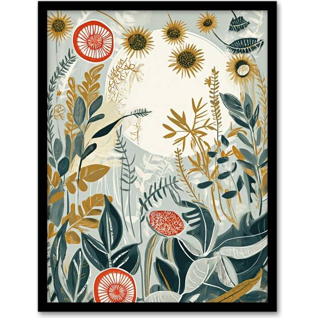 Wall Art Print Sunflower Field Sunrise Abstract Painting Art Framed Poster - Black - A4