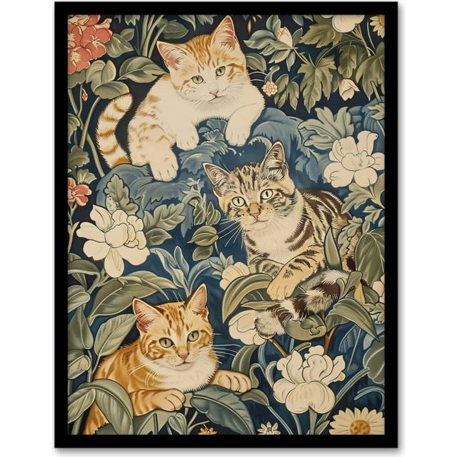 Kittens in Flowers Painting Animal Lover Framed Art Print - Green - A4