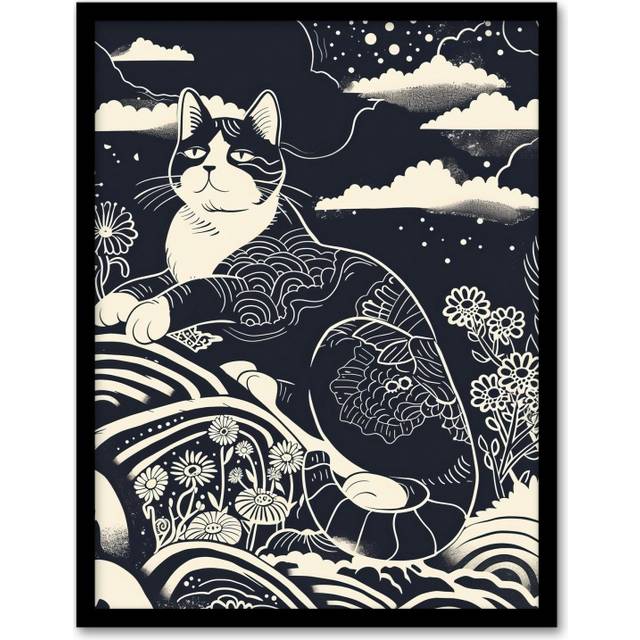 Abstract Zen Black and White Cat in Flowers Magic Framed Art Print - A4