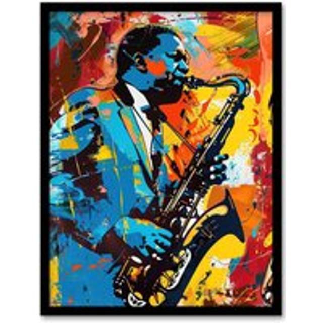 Blues Jazz Saxophone Player Vibrant Painting Framed Art Print - Multi - A4