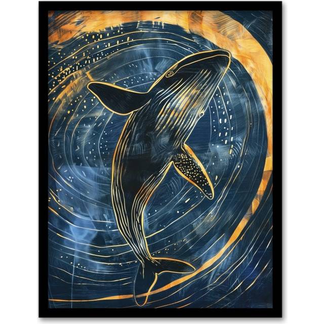 Wall Art Print Whale Gold Blue Water Surface Ripple Painting Art Framed Poster - Black - A4