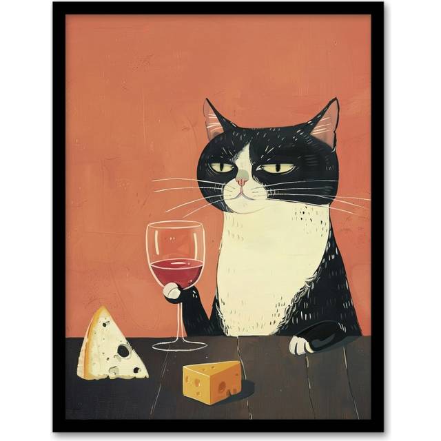Wall Art Print Tuxedo Cat Drinking Wine with Cheese Painting Art Framed Poster - Black - A4
