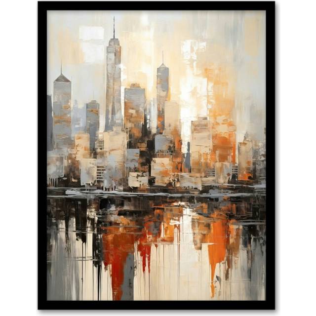 Manhattan Skyline Oil Painting By M Hinge Geometric Heavy Palette Knife NYC Skyscraper Artwork Art Print Framed Poster Wall Decor - Black - A4