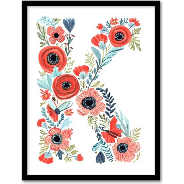 Womens Wall Art Print Letter K in Watercolour Poppies Wildflowers Bouquet Floral Word Art Framed Poster - Multi - A4