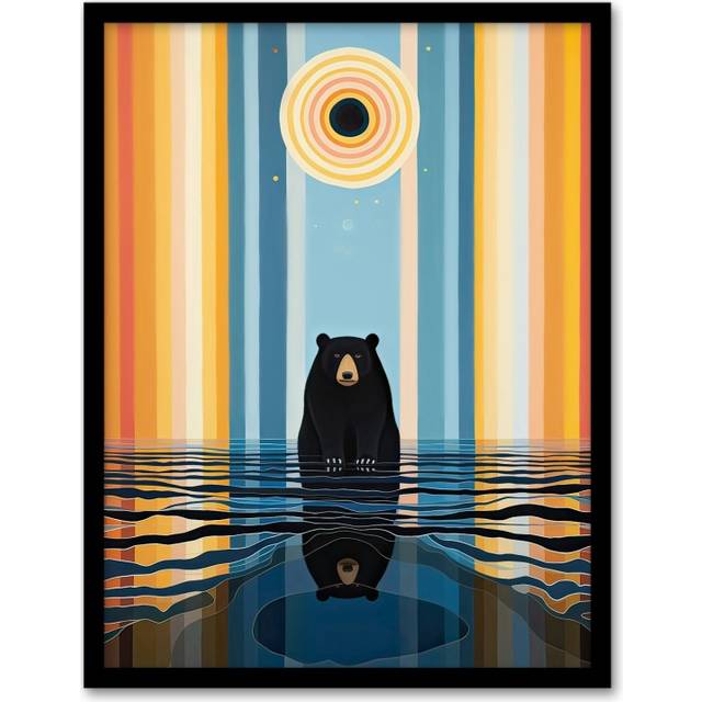 Wall Art Print Bear Lake Abstract Sunrise Sky Stripes Vibrant Graphic Painting Blue Orange Pink Landscape Kids Bedroom Artwork Framed - Multi - A4