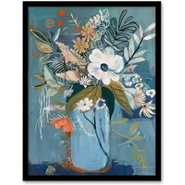 Elegant Botanical Bouquet Flowers in Blue Vase Framed Art Print - A4