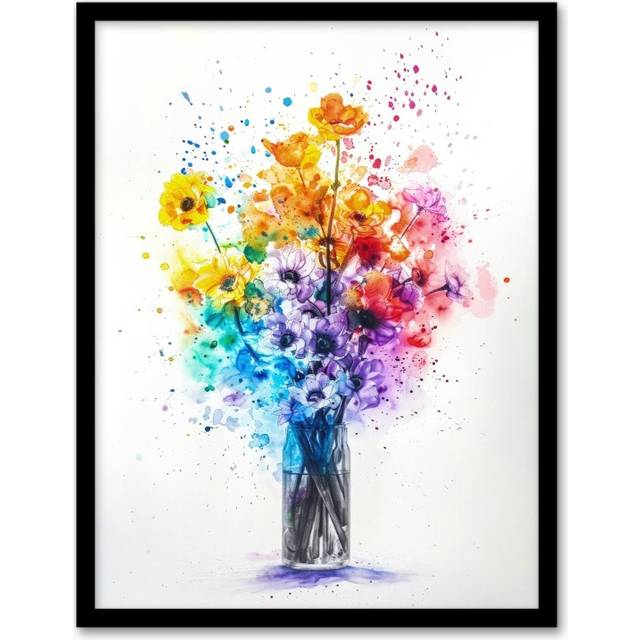Wall Art Print Rainbow Colour Flower Bouquet in Glass Vase Art Framed Poster - Black - A4