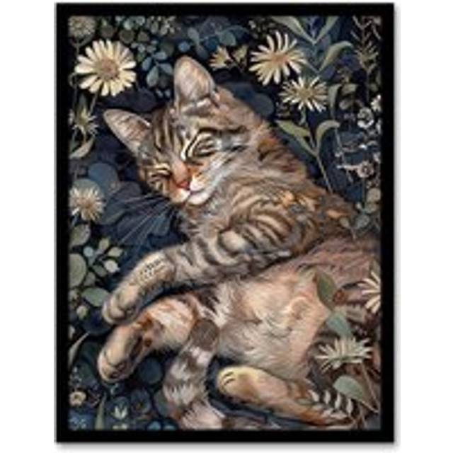 Cute Moggie Sleeping in Daisy Field Cat Lover Framed Wall Art - Blue - A4