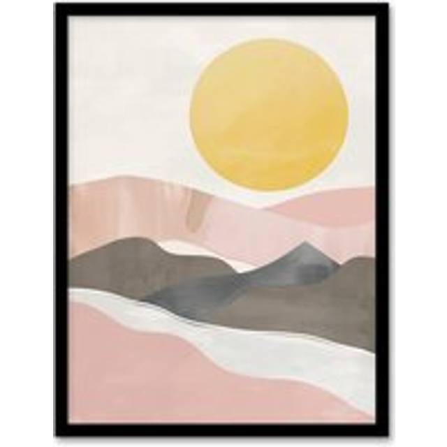 Soft Pastel Pink Mountain Range Sun Boho Design Framed Art Print - A4