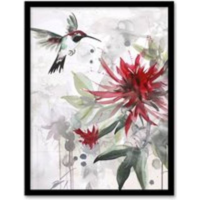 Hummingbird Red Monarda Flowers Watercolour Framed Art Print - A4