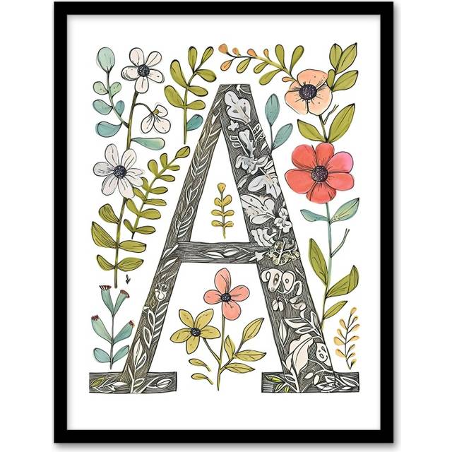 Womens Wall Art Print Letter A in Wildflowers Ornate Pencil Drawing Floral Word Art Framed - Multi - A4