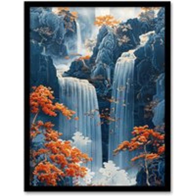 Wall Art Print Chinese Style Waterfall Landscape Autumn Trees Art Framed Poster - Black - A4