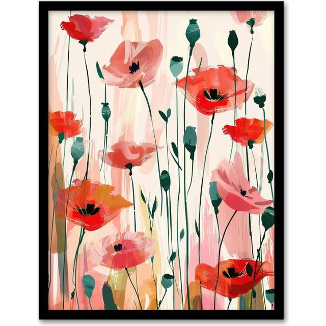 Wall Art Print Poppy Flowers Pink Red Abstract Floral Painting Art Framed Poster - Black - A4