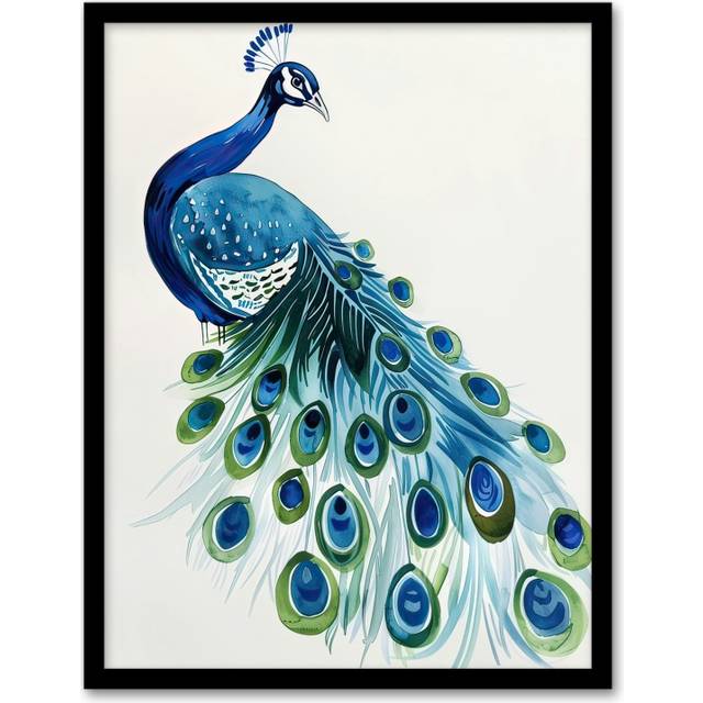 Blue Peafowl Peacock Tail Feathers Watercolour Framed Wall Art - A4