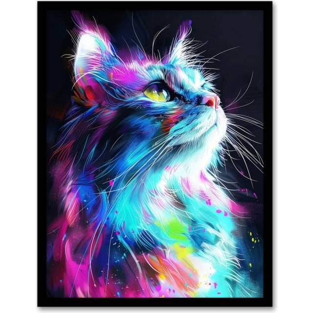 Wall Art Print Birman Cat Lover Neon Glowing Blue Pink Portrait Art Framed Poster - Black - A4