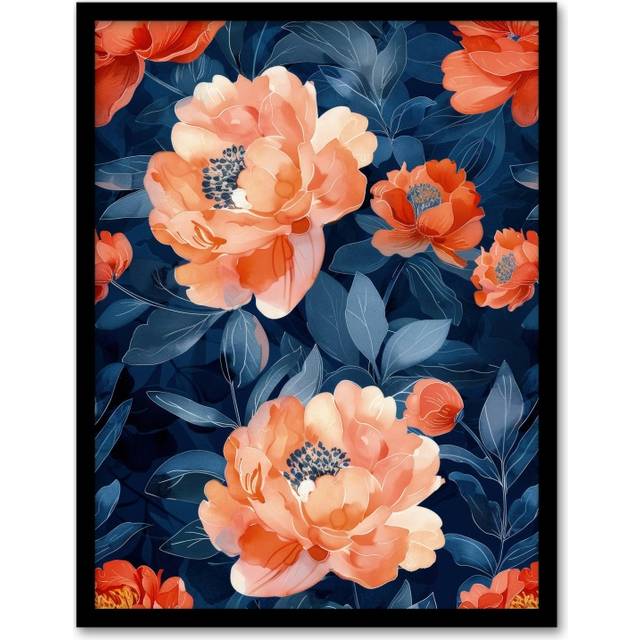 Wall Art Print Pink Peonies Flower Pattern Blue Floral Design Art Framed Poster - Black - A4
