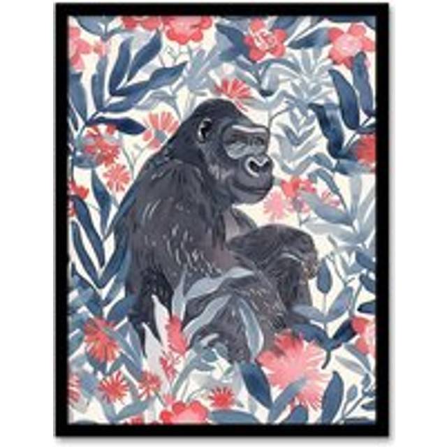 Gorilla Ape and Pink Tropical Flowers Watercolour Framed Wall Art - Blue - A4