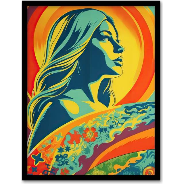 Wall Art Print Girl Surfer Aesthetic Sunset Surfing Floral Surf Board Vibrant Bold Bright Colourful Painting Art Framed - Multi - A4