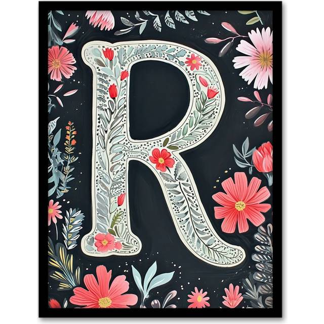 Womens Wall Art Print Letter R in Red Flowers Watercolour Bold Leaves Floral Word Art Framed - Multi - A4