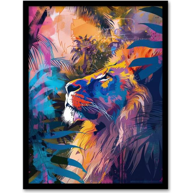 Wall Art Print Jungle Lion Colourful Abstract Pop Art Design Art Framed Poster - Black - A4