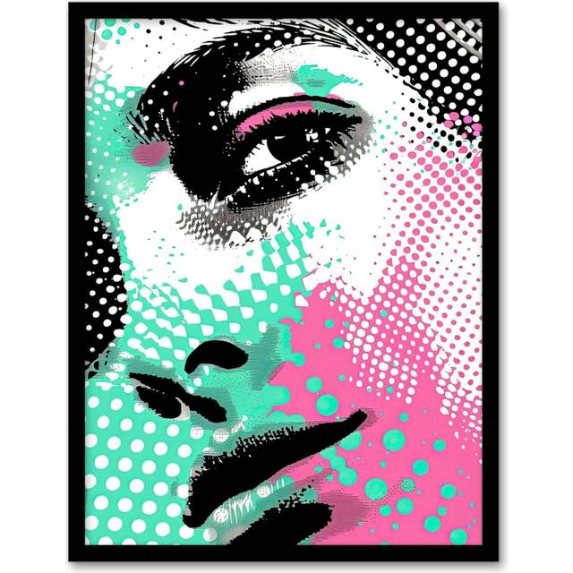 Wall Art Print Face Close Up Turquoise Pink Pop Art Portrait Art Framed Poster - Black - A4