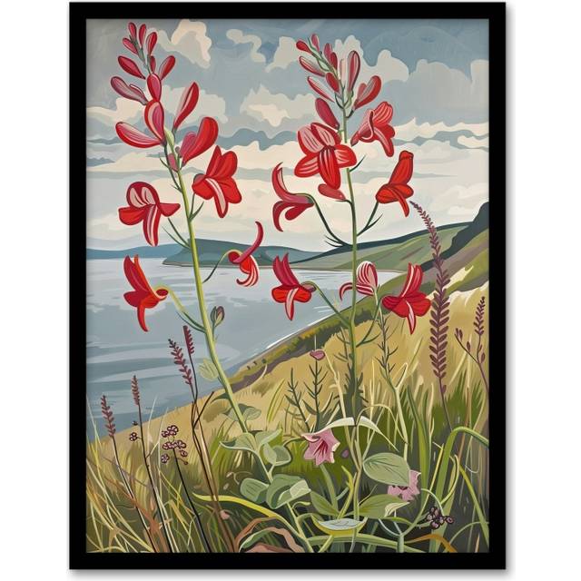 Red Wildflowers on Hunt Cliff Saltburn Yorkshire Framed Art Print - Green - A4