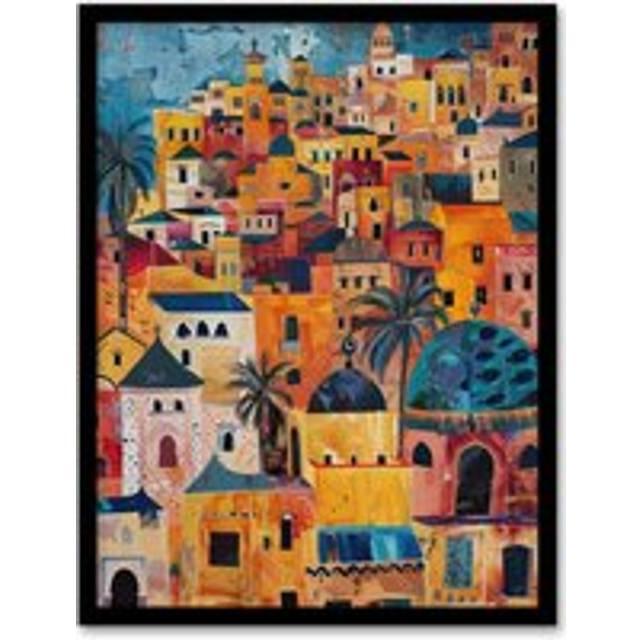 Moroccan Cityscape Artwork Colourful Exotic Ochre Framed Art Print - Orange - A4