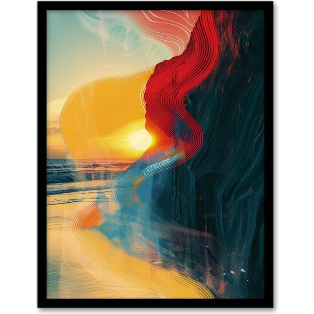 Wall Art Print Coastal Sunrise Cliffside Beach Abstract Design Art Framed Poster - Black - A4