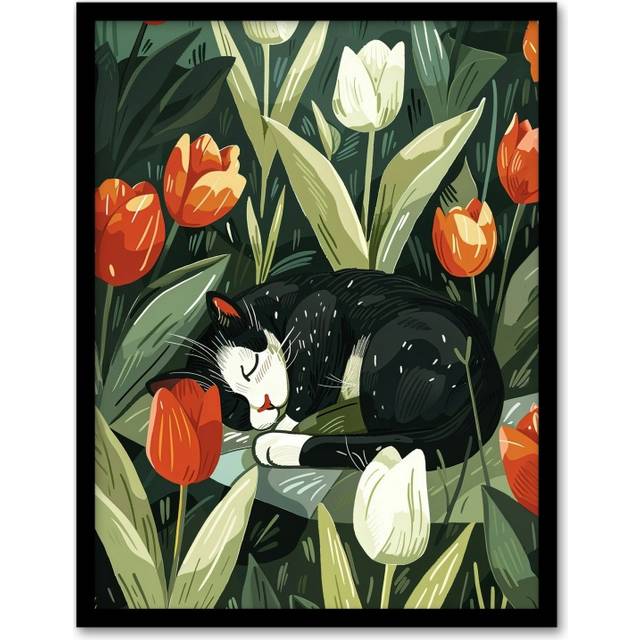 Wall Art Print Cat Lover Cute Pet Sleeping in Tulip Flower Field Art Framed Poster - Black - A4