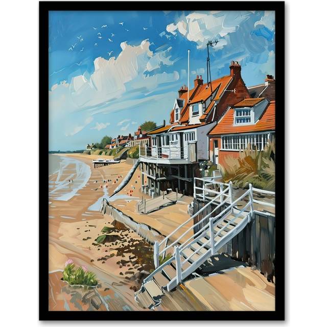 Frinton on Sea Beach Houses Seaside Oil Painting Framed Art Print - Multi - A4