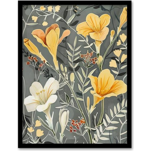 Dark Freesia Flowers Painting Wildflowers Bloom Framed Art Print - Yellow - A4