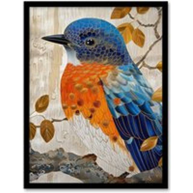Wall Art Print Stylised Chinese Blue Flycatcher Gold Leaf Branch Art Framed Poster - Black - A4
