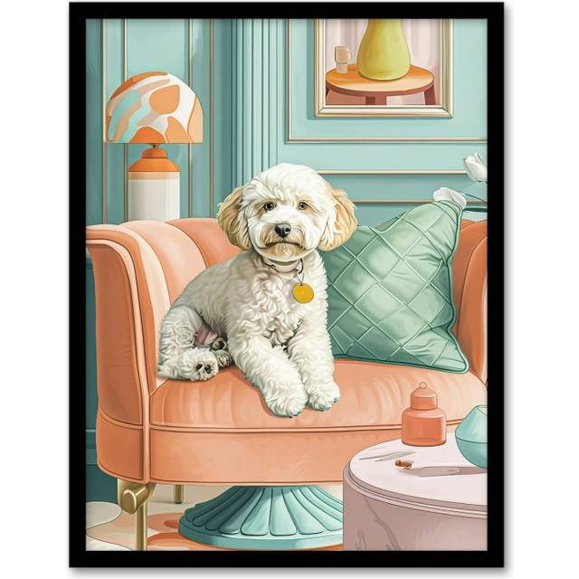 Wall Art Print Cockapoo Dog Lover Pink Armchair Pet Portrait Art Framed Poster - Black - A4