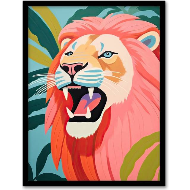 Wall Art Print Roaring Pink Lion Graphic Painting Colourful Wild Animal Portrait in Jungle Plant Leaves Artwork Framed - A4