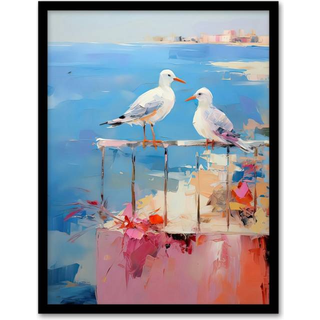 Wall Art Print Birds By the Beach Abstract Oil Painting Blue Pink Orange Bathroom Artwork Seagulls on Railing Artwork Framed - A4