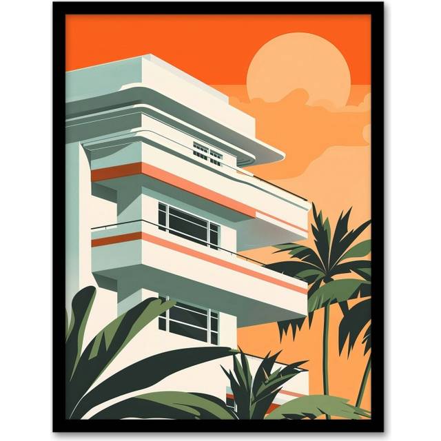 Tropical Apartment at Sunset Palm Trees Modern Framed Art Print - Orange - A4