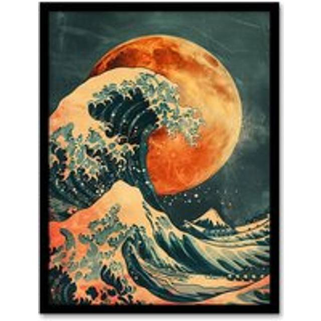 Orange Moon Traditional Japanese Waves Artwork Framed Art Print - A4