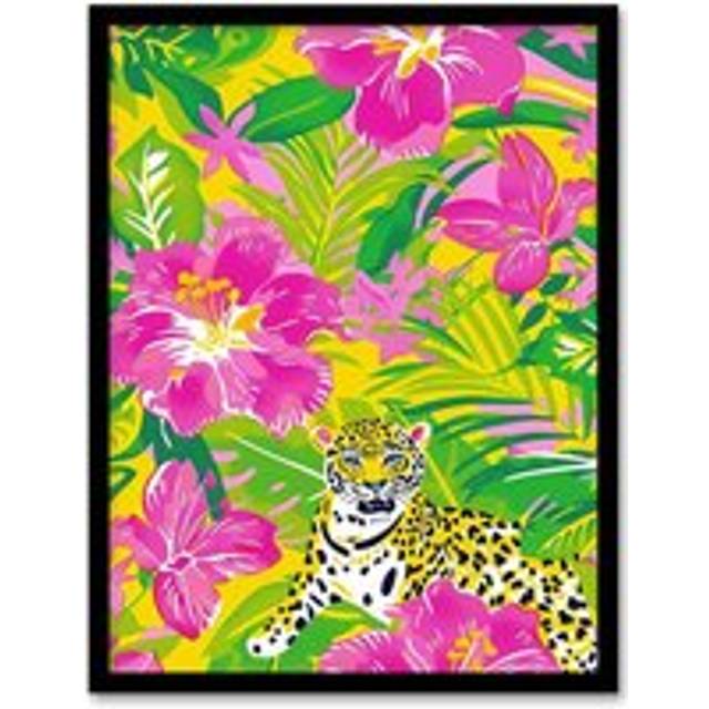 Wall Art Print Pink Lily Tropical Flower Pattern with Leopard Art Framed Poster - Black - A4