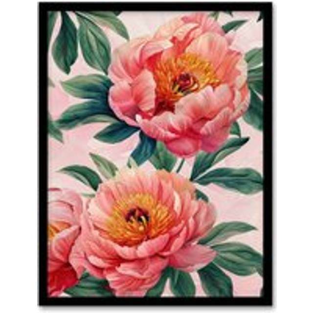 Wall Art Print Bright Watercolour Pink Peonies Colourful Art Framed Poster - Black - A4