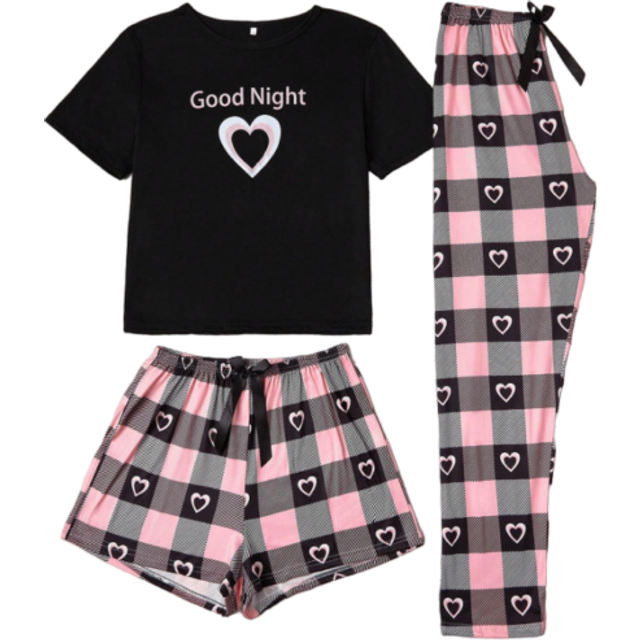 SHEIN 3pcs Letter, Heart & Plaid Print Pajama Set, Including Round Neck Short Sleeve T-Shirt, Elastic Waist Shorts And Casual Pants, Comfortable Sleepwear F