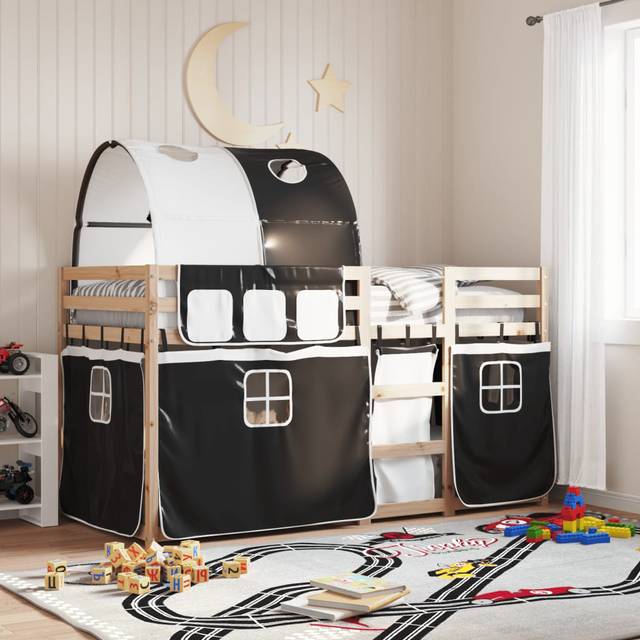 Vidaxl Bunk Bed With Curtains 90X200 Cm Solid Wood Pine - Black (112cm H X 95.5cm W X 205.5cm L)