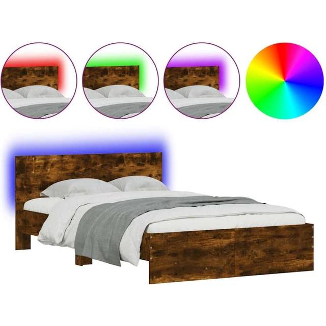 vidaXL Bed Frame with Headboard and LED Smoked Oak 120x190 cm Small Double - Brown