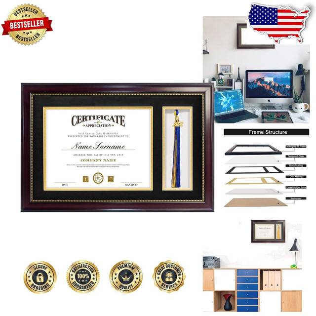 GraduatePro 11x17 Diploma Frame with Tassel Holder for 85x11 Certificate Shadow Box  Mahogany Gold Rim with Double Mat Black Ov