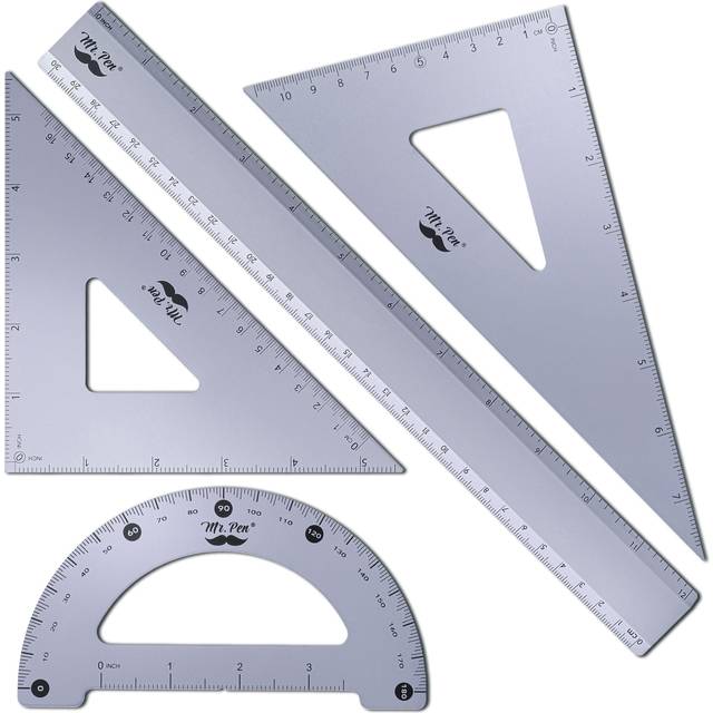 Mr. Pen- Geometry Set  4 Pack  Periwinkle Gray  Metal Geometry Kit  Triangle Ruler  Metal Ruler  Drafting Triangles  Metal Protractor  Metal Set Squar