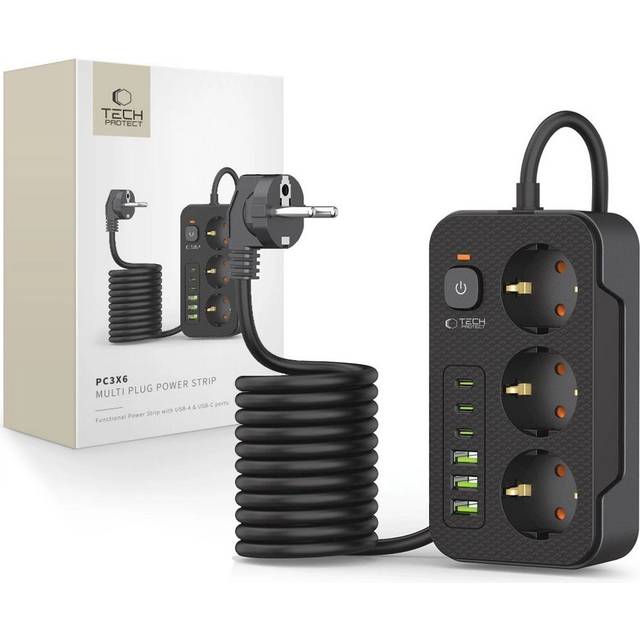 Tech-Protect Grenuttag 3x USB/3x USB-C/3 Sockets 200Ccm - Svart