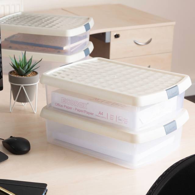Wham Clip 8.5L Clear Stone and Slate Grey Rectangular Storage Box with Lid 4 Pack