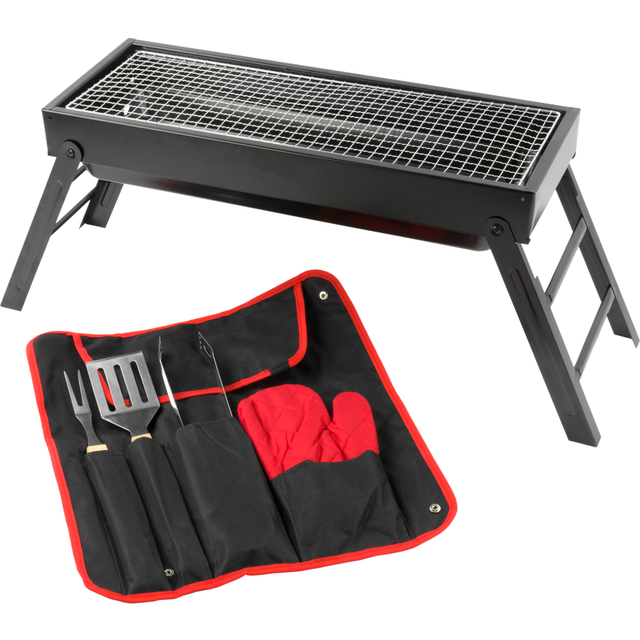 (KCT Folding Barbecue with Tool Set) KCT Foldable Portable Compact Charcoal BBQ Folding Picnic Grill Barbecue Stove for Outdoor Tabletop, Travel, Camp