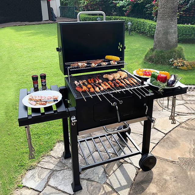 Mobile 2-layer Charcoal Grill BBQ Cooker with Side Shelves - Black / 160cm