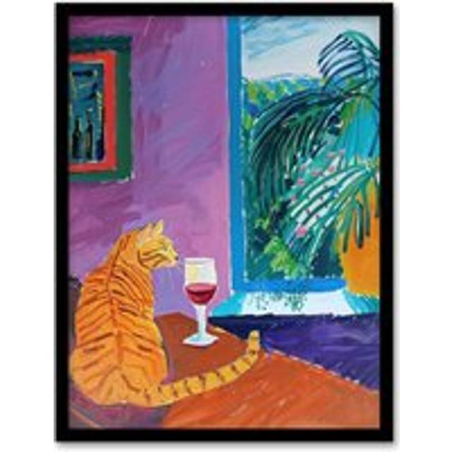 Wall Art Print Ginger Tabby Cat Wine Plant Lover Quiet Afternoon Art Framed Poster - Black - A4