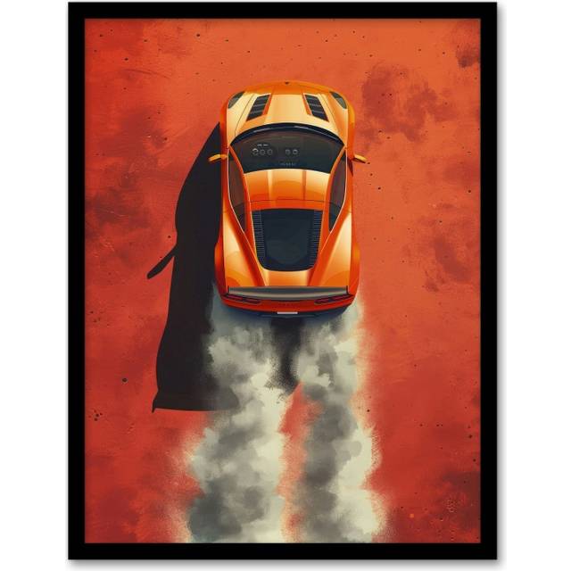 Wall Art Print Orange Sports Car Drawing Fumes Speed Petrolhead Art Framed Poster - Black - A4